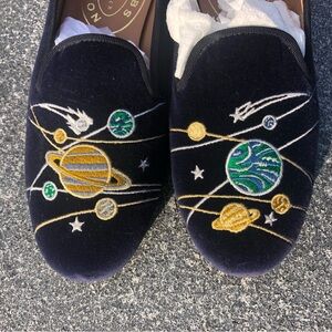 Stubbs & Wootton Navy Velvet Loafers with Planet Embroidery, women’s, size 7.5